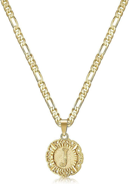 Initial Necklace 14K Gold Plated Round Letter Pendant Necklace Capital Monogram Necklace Alphabets from A-Z Figaro Chain Necklace