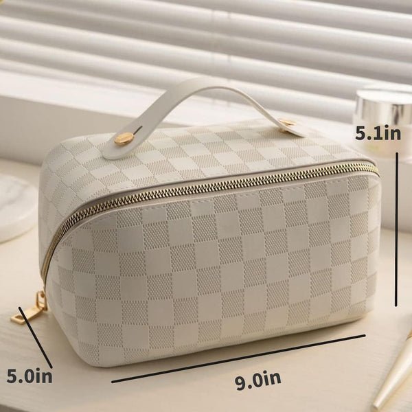 Large Checkered Portable Makeup Bag Portable Travel Cosmetic Bag Makeup Pouch Portable Zipper Bag