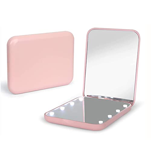 Pocket Mirror, 1X/3X Magnification LED Compact Travel Makeup Mirror with Light for Purse, 2-Sided, Portable, Folding, Handheld, Small Lighted Mirror for Gift, Pink