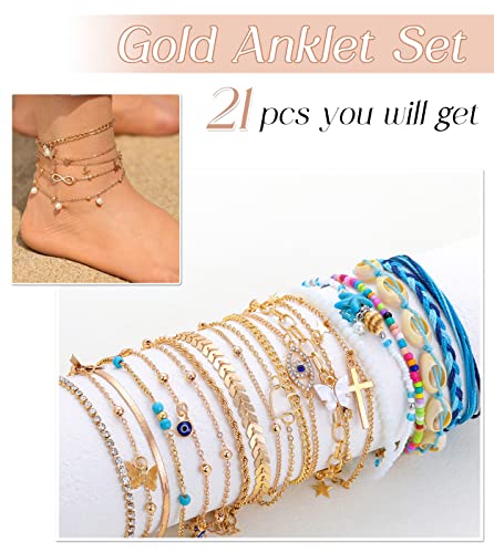 Gold Plated Chain Anklet Adjustable Boho Beaded Cuban Link Anklets,Ankle Bracelets 21 pcs set