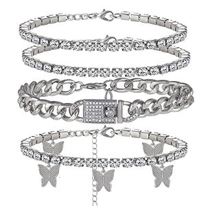 Cuban Link Ankle Bracelet Cuban Chain Anklet Butterfly Anklet Set Cuban Link Rhinestone Tennis Anklet Set Adjustable Layered Rhinestone Anklets-silver cuban 4pcs