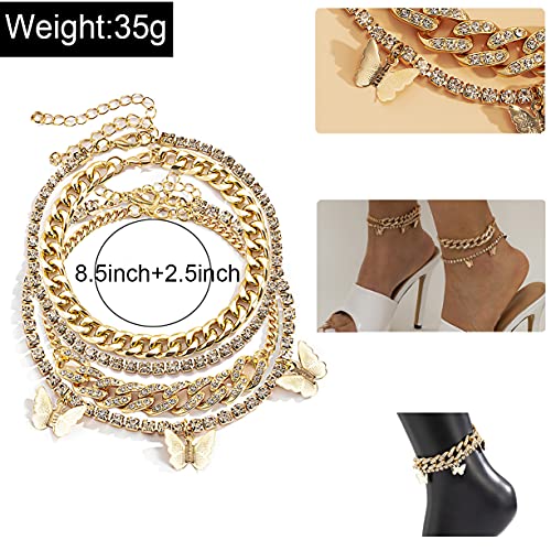 Layered Butterfly Anklet Charms Butterfly Ankle Gold Plated Rhinestone Cuban Anklets Adjustable Braided Chain Anklet